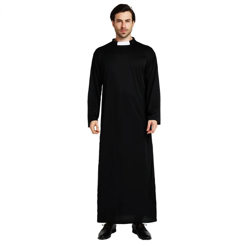Cosplay costume men festival costume set halloween cloak costume Adults All Black Robe Godfather Role Playing Costume with cross pastor missionaries Halloween Costume stage performance