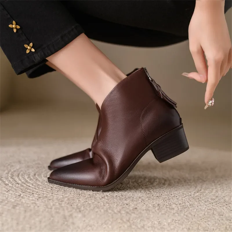 New Women Genuine Leather Ankle Boots Pointed Toe Chunky Heel - Main Image