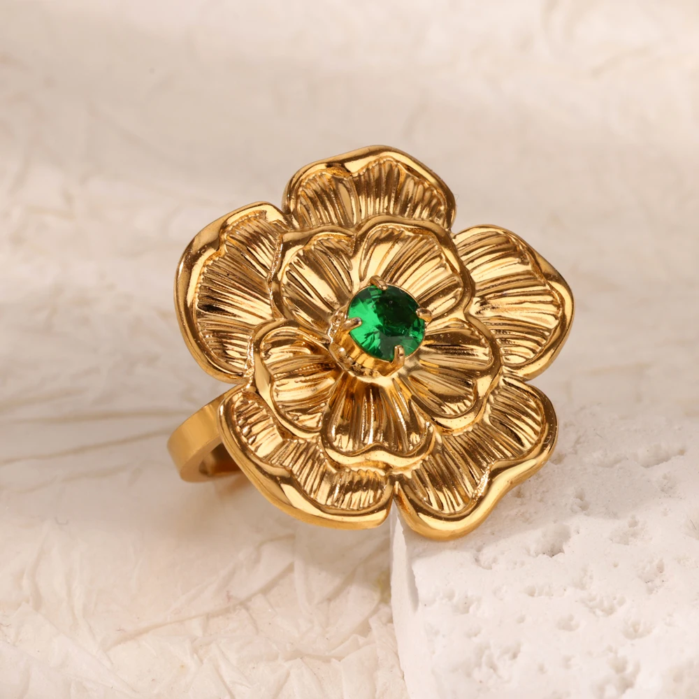 Green Zircon Flower Open Rings For Women Gold Color Stainless Steel Ring