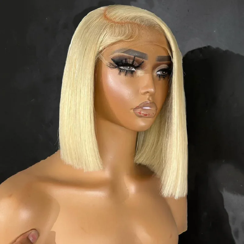 

Soft 613 Blonde Short Bob Silky Straight Lace Front Wigs Blunt Cut Bob Wig For Black Women With Baby hair Heat Temperature Daily