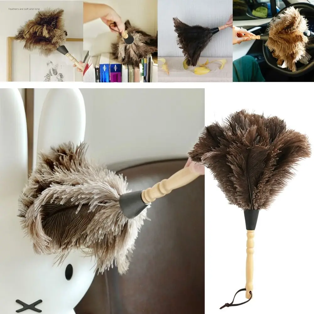 Dust Removal Ostrich Feather Brush Wooden Hand Household Car Clean Feather Duster Anti-Static Vehicle Dust Removal Cleaning Tool feather duster