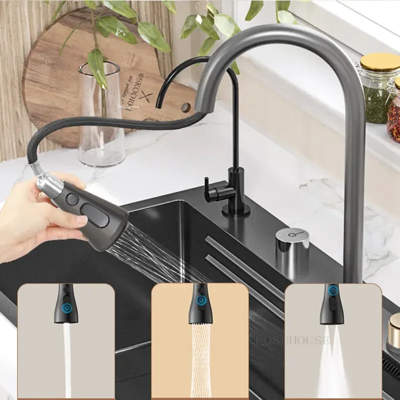 Stainless Steel Kitchen Sinks Nano Black Rainfall Waterfall Large Single-slot Kitchen Household Dish Sink Hand-washing Basin K 4