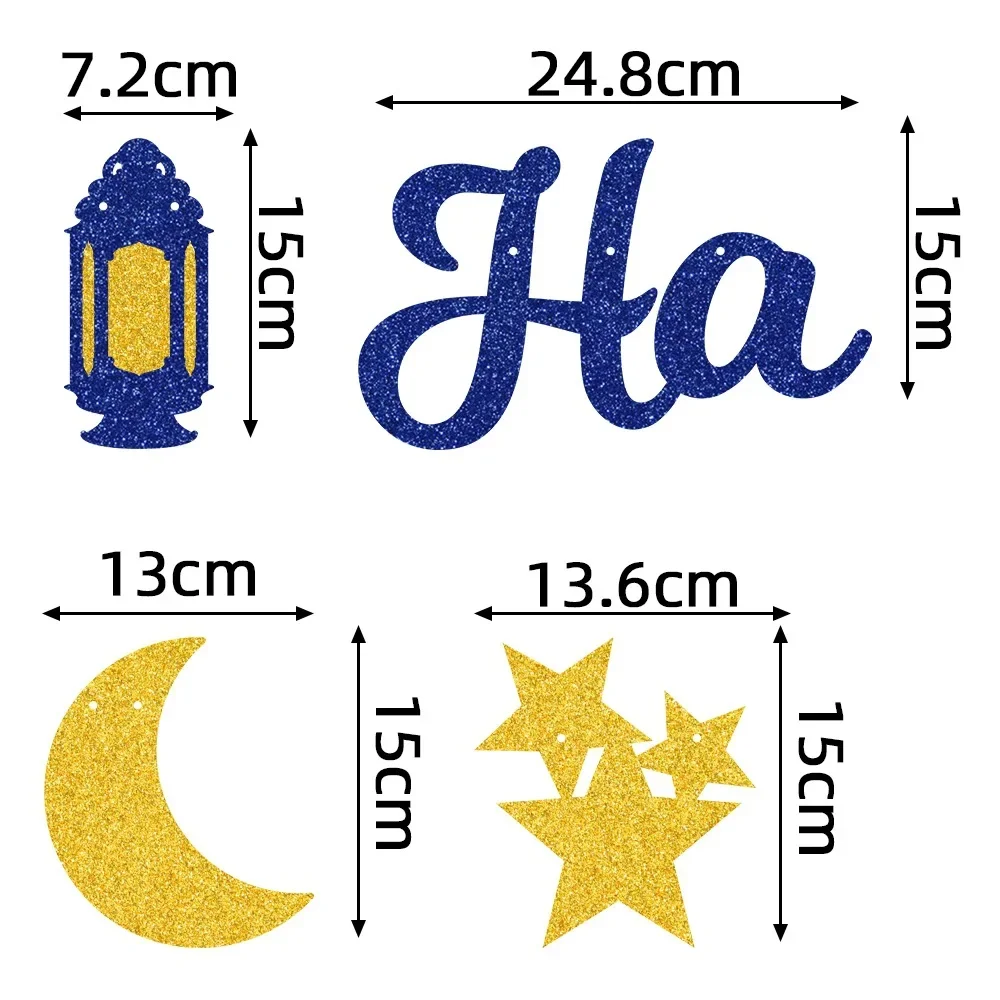 Pancarta de oro azul Eid Mubarak, colgante de estrella, Luna, castillo, guirnalda musulmana de Ramadán, decoraciones de fiesta Happy Eid Mubarak