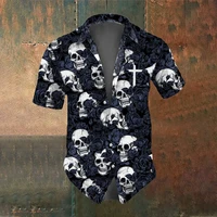 Skull Summer Men's Short Sleeve Shirt Street Fashion Tops Rose Skull Pattern Men's Casual Oversized Shirt 1
