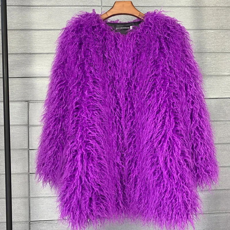 Mongolia Sheep Fur Women Medium Long Coat Jacket Colorful Warm Faux Fur Plush Coats Female Jacket Autumn Winter Furry Outerwear 5