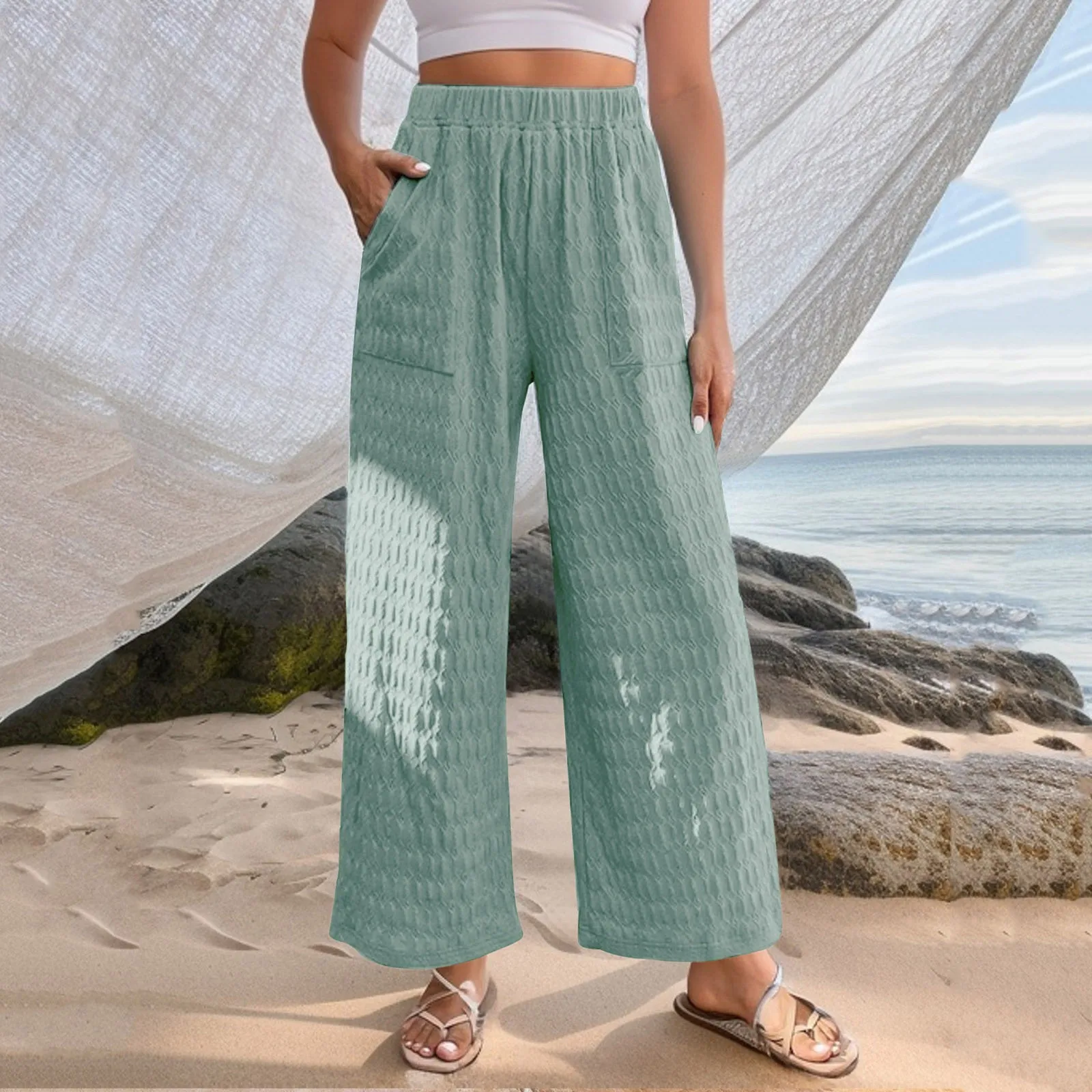 

2023 Summer Cotton Women's Long Pants Solid Color Elastic Waist Pleated Loose Pants Female New Casual Ladies Bottom Streetwear