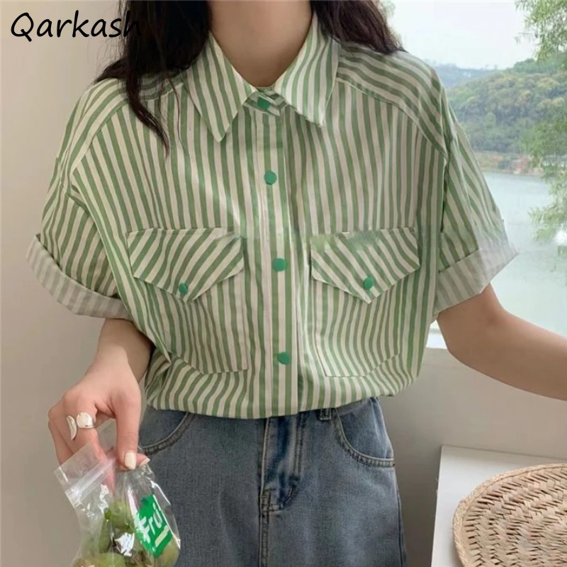 

Cargo Shirts Women Vintage Harajuku Striped Aesthetics Y2k Preppy Girlish Pockets All-match Summer Camisas Korean Designer Chic