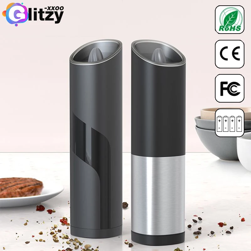 Electric Gravity Salt and Pepper Grinder Set - Automatic Pepper and Salt  Mills - 02 Battery Powered Shakers with Blue LED Lights - One Hand Operated  