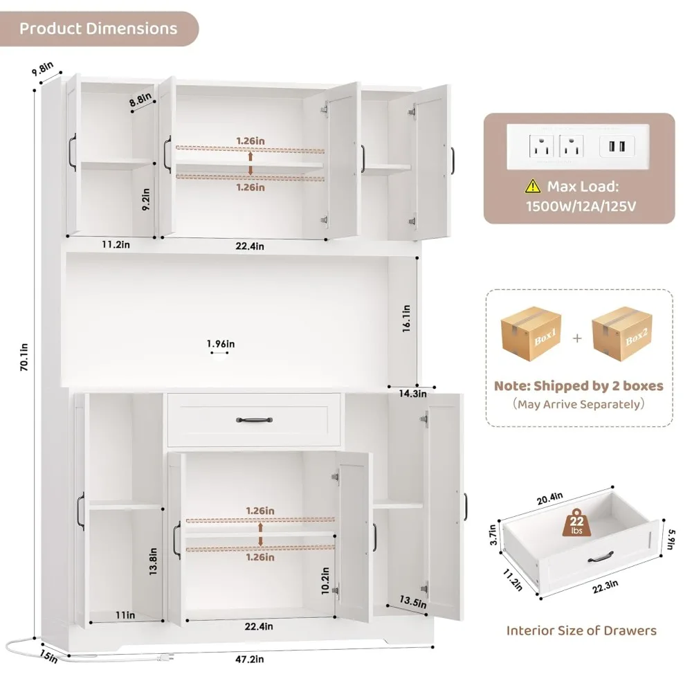 70" LED Kitchen Pantry Cabinet with Charging Station, 47" Wide Pantry Storage Cabinet with Large Microwave Stand, Customized 2