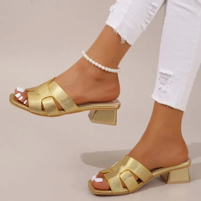 Women's Chunky Heeled Sandals, Fashion Square Open Toe Slip On Heels, Elegant Wedding White Sandals — view 6