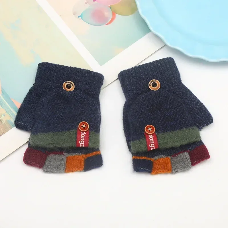 Half Finger Flip Kids Gloves Jacquard Color Matching Autumn Winter Warm Gloves for Children Student Writing Baby Gloves 2
