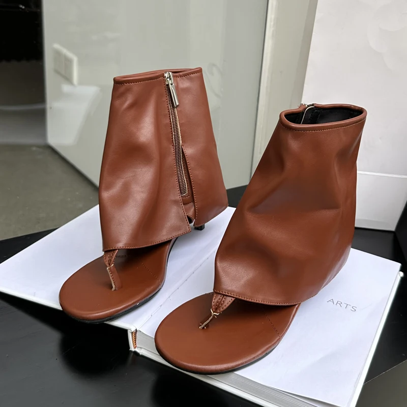 

Eilyken New Design Round Clip Toe Low Heels Woman Boot Sandals Fashion Zipper Banquet Dress Shoes Flip Flops Ankle Booties
