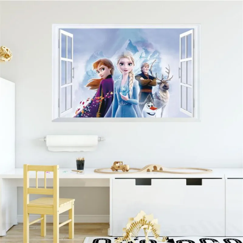 3D Fake windows Anna Frozen Princess Wall Stickers For Kids Room Kindergarten Living Room Bedroom Wall Decoration Movie Posters