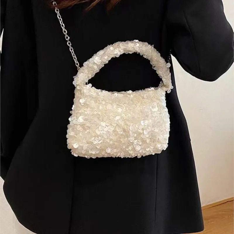 JIAERDI Shining Beige Beading Messenger Bag Purse Women High Street Chain Beauty Hand Bag Female Fairycore Y2k Ceossbody Bags