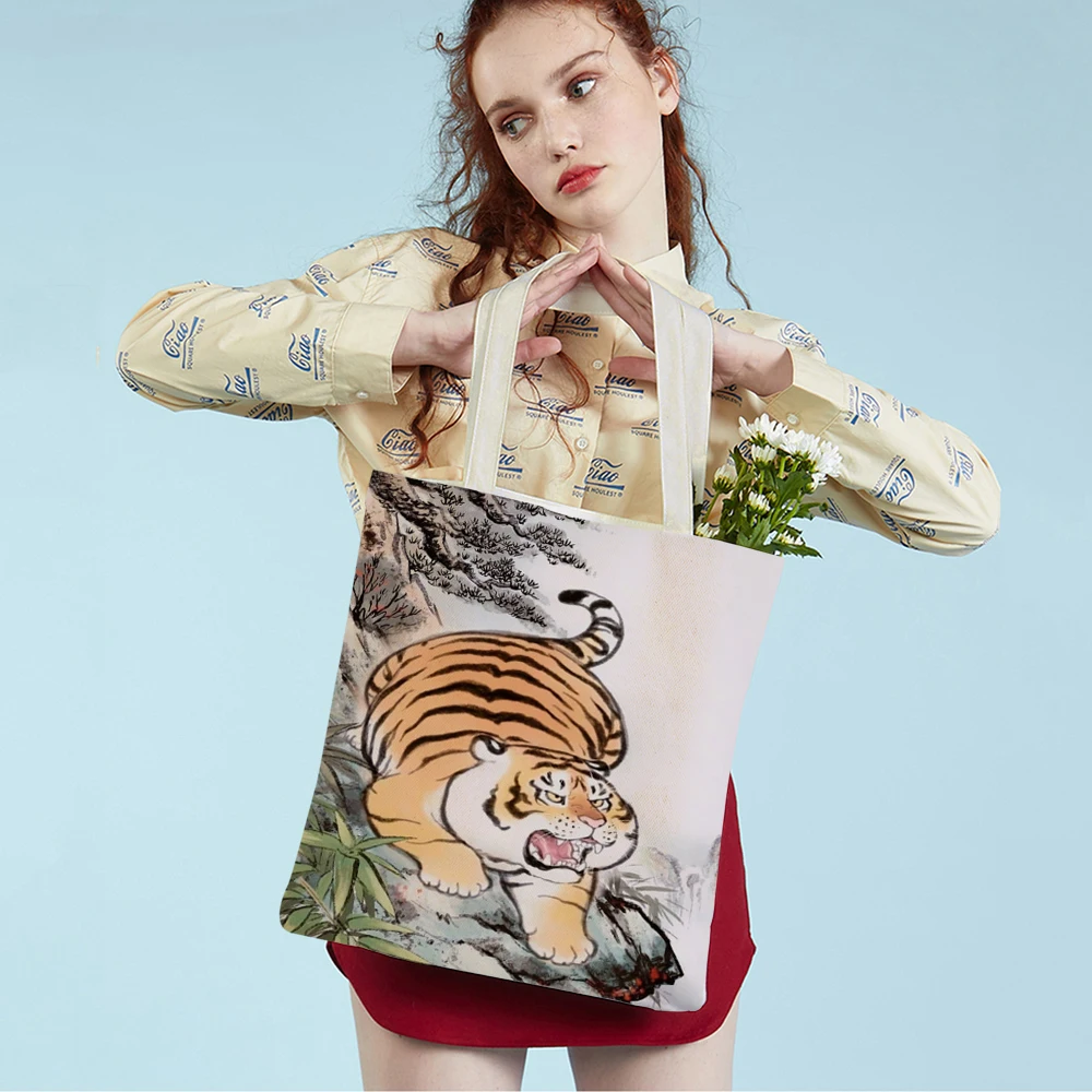 

Funny Fat Tiger Women Tote Handbag Cute Cartoon Animal Both Print Canvas Foldable Reusable Cloth Lady Shopping Shoulder Bag