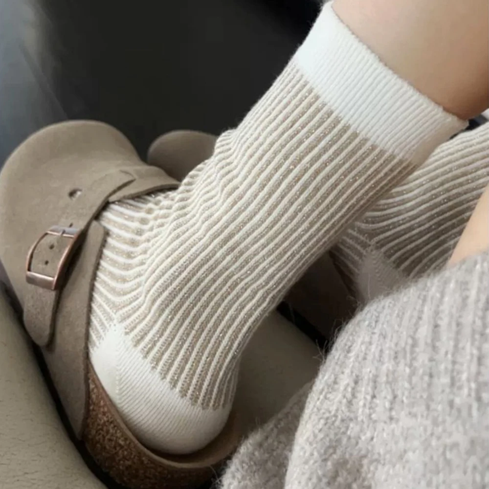 1 Paar Damen Vintage Geometrische Socken, Mittellange Socken, Doppelnadel-Doppelpfad-Design, Modische Baumwollsocken – Detail 14