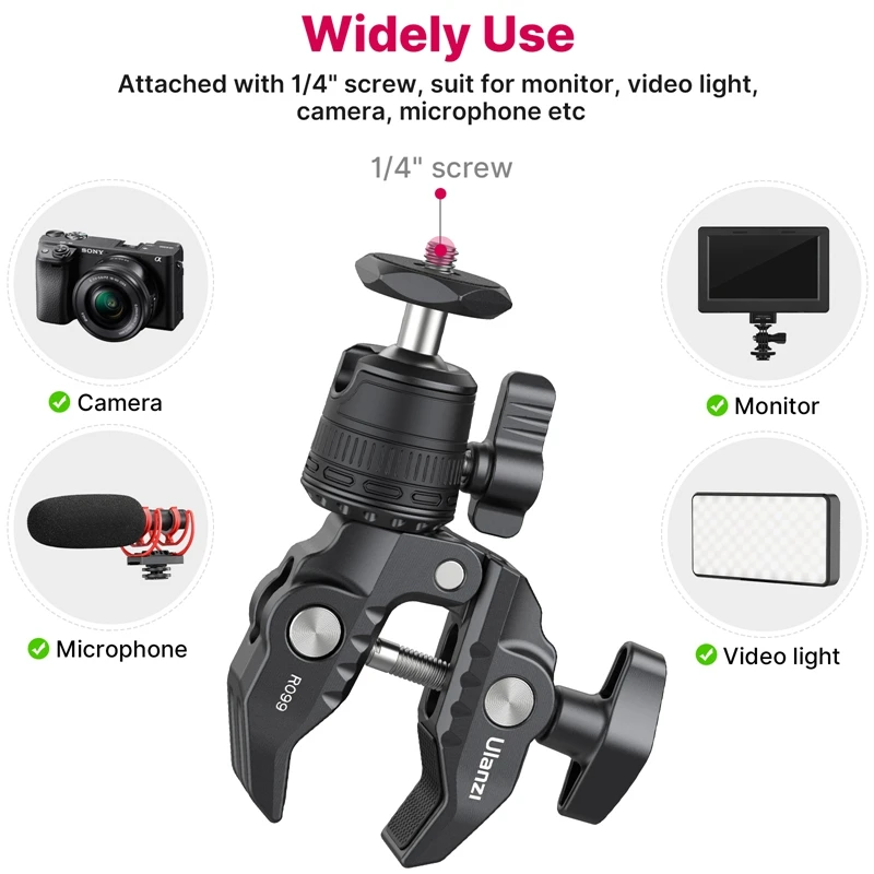 Ulanzi R099 Super Clamp With 360° Mini Ball Head Magic Arm Clip 1/4 Screw Hole for GoPro DSLR Camera Monitor LED Light Mic