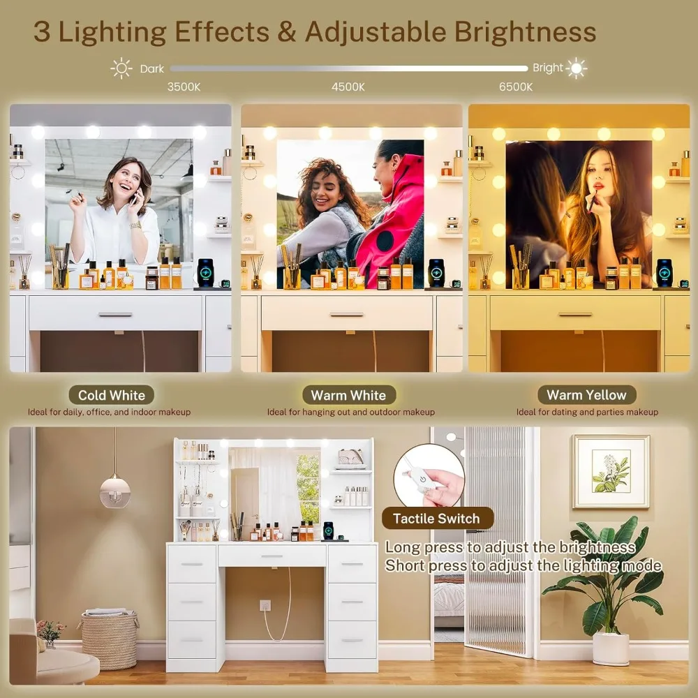 Large Makeup Vanity, 42.1" Vanity Desk with Mirror and Lights, Makeup Vanity Table with 7 Drawers, 4 Shelves, 5 Jewel Hooks & Po