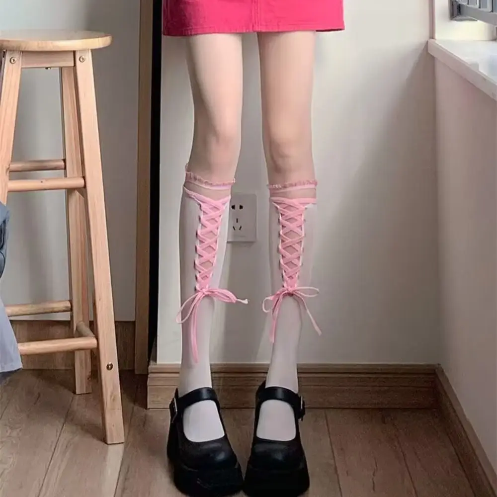 Black Nylon Lace Knee High Socks for Women Gothic Style