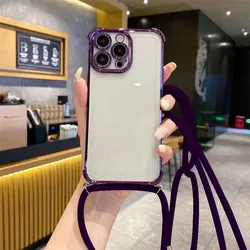 Crossbody Lanyard Shockproof Silicon Clear Phone Case with Plating Cover for OPPO A15 or A15S (4)