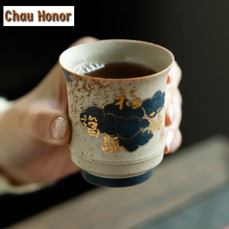 95ml Blue And White Flint Red Teacup Handmade Gold Drawing Auspicious Clouds Master Cup Personal Coffee Mug Water Jug Drinkware