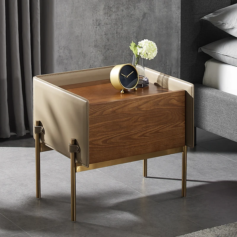 

Modern Nightstand Natural Wood Minimalist Wooden Leather Bedside Table Mobile Stainless Steel Bedroom Chest Drawers Furniture