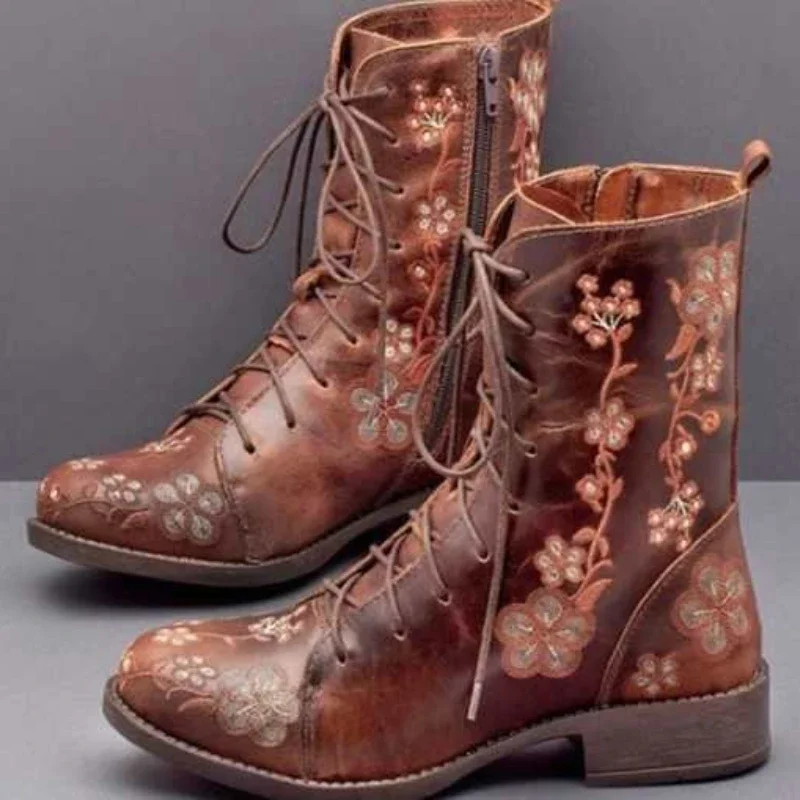 Woman Ankle Boots Embroidery Big Size 43 Flower Boots 2020 Women Autumn Winter Lace Up PU Leather Female Footwear Ladies Shoes