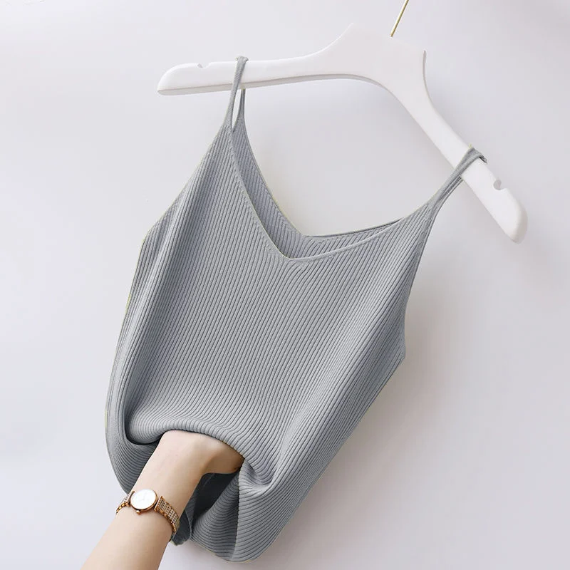Large Suspender Vest Women Inner Bottom V-neck Ice Silk Sexy Short Thread Knitting Versatile Elegant Top