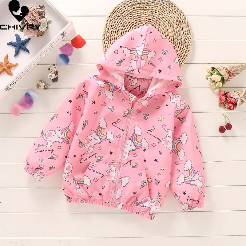 

New 2023 Spring Summer Girls Coat Jacket Kids Cartoon Rainbow Floral Hooded Zipper Jackets Windbreaker Baby Girl Clothing