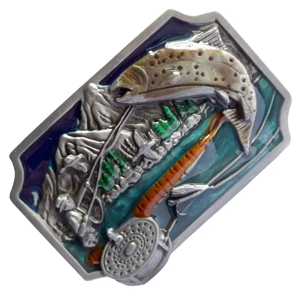 Men\' Buckle with Fly Fishing Pattern Western Cowboy Buckle -