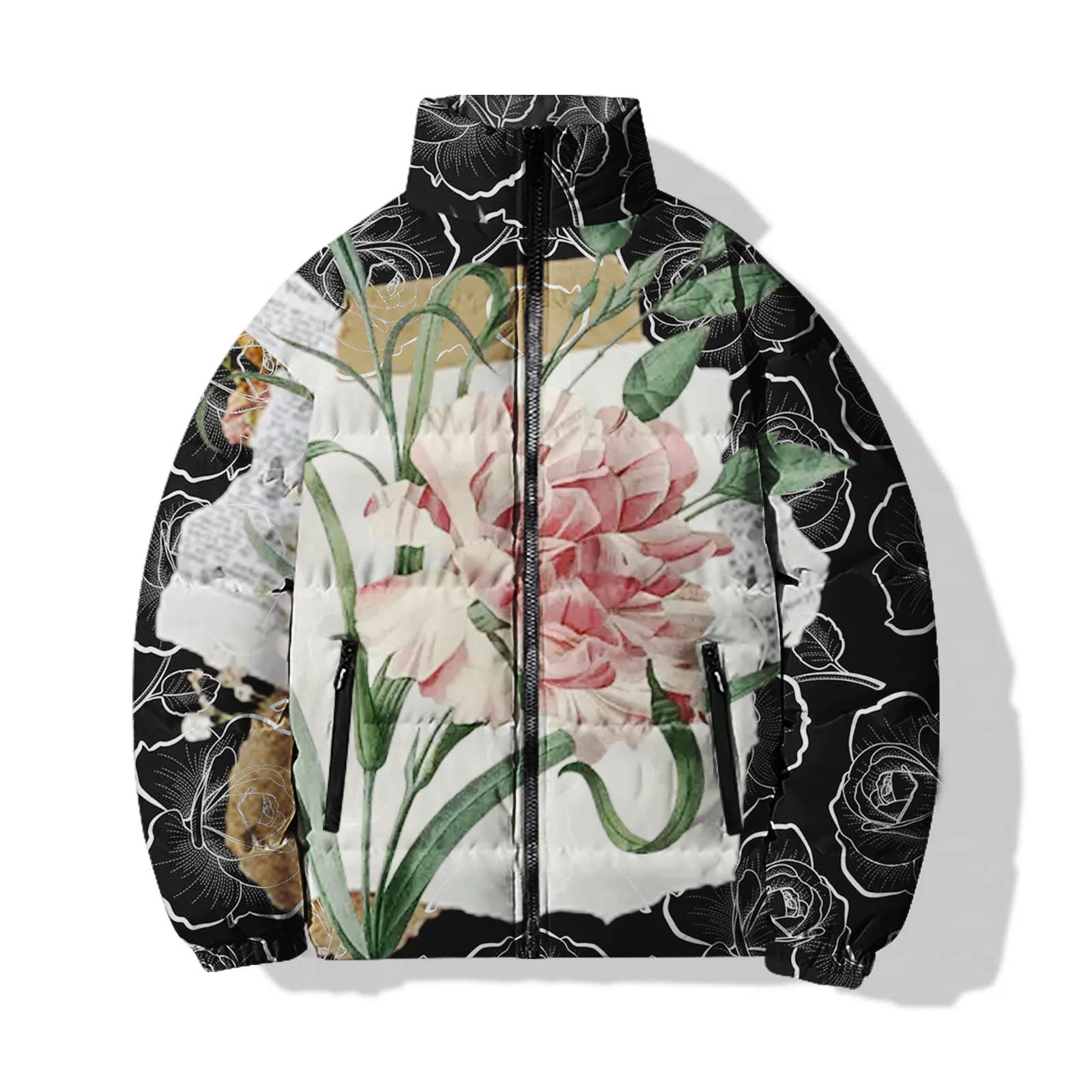 thumbnail image 1 of Abrigo de hombre con rosas, abrigo de hombre de alta calidad, abrigo frío de moda para invierno, abrigos para hombre Y2K, nuevos abrigos de plumón, flores, calidez, impresión 3D, genial, 1 of 4