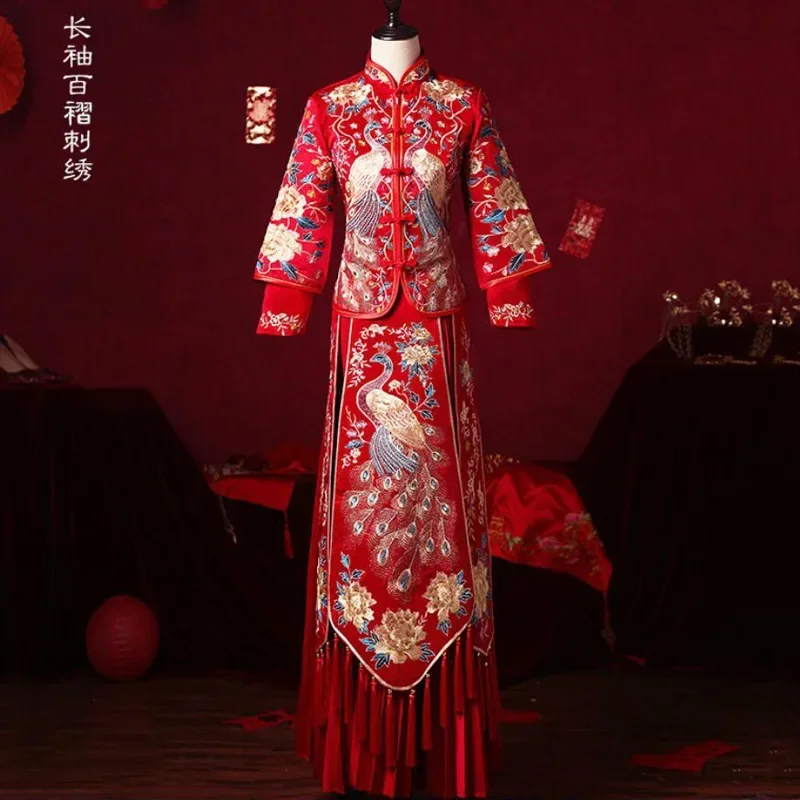 

6XL Embroidery Peacock Phoenix Toast Chinese Traditional Couple Wedding Suit Cheongsam Elegant Bride Vintage Qipao Dress Xiuhe