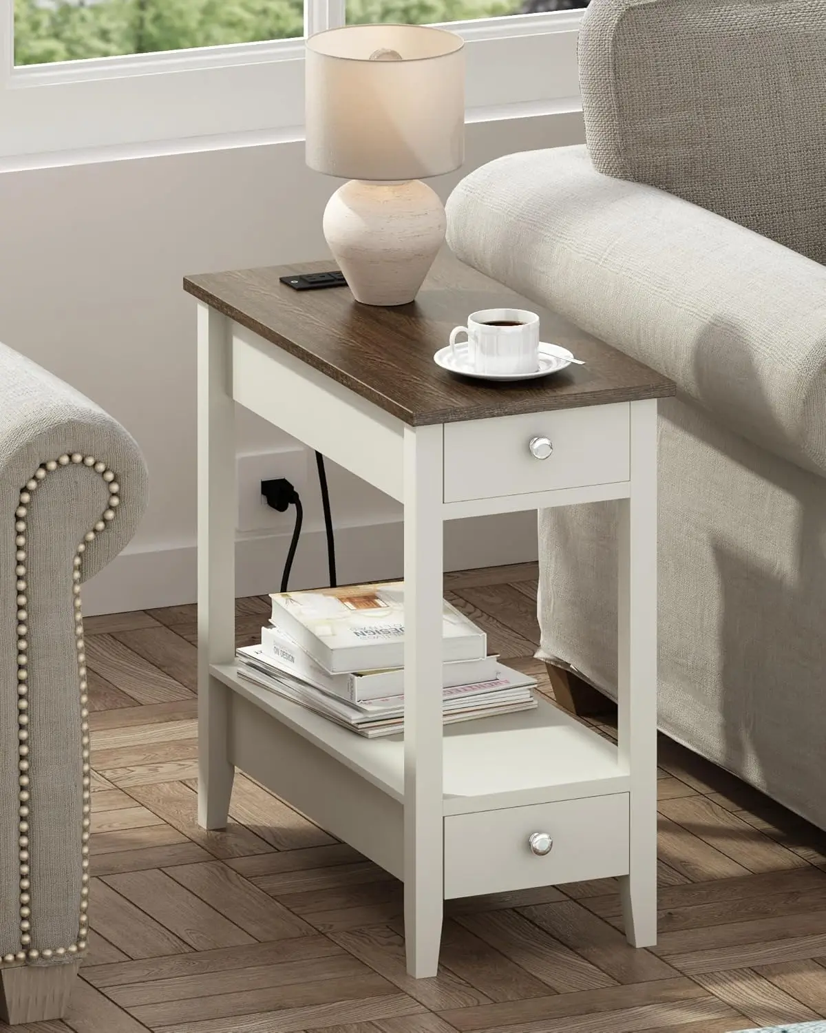 Farmhouse End Tables Living Room Set of 2, Narrow Side Table with Charging Station, White Sofa Bedside 5