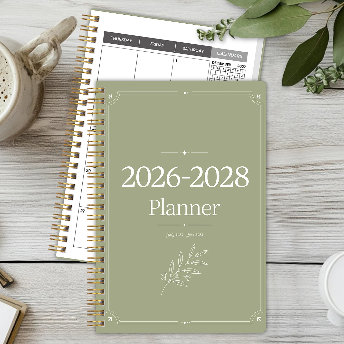 2026-2028 월간 플래너, 세이지 그린 미니멀리스트 보태니컬 스파이럴 캘린더 노트, PP 커버, 100GSM 용지, 미니 캘린더