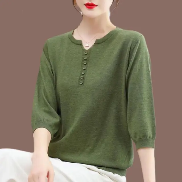 Korean Fashion Women Big Size Knit T-Shirt Female Clothing Spring Summer 3/4 Sleeve Pullover Tees Loose Casual Solid Vintage Top 2