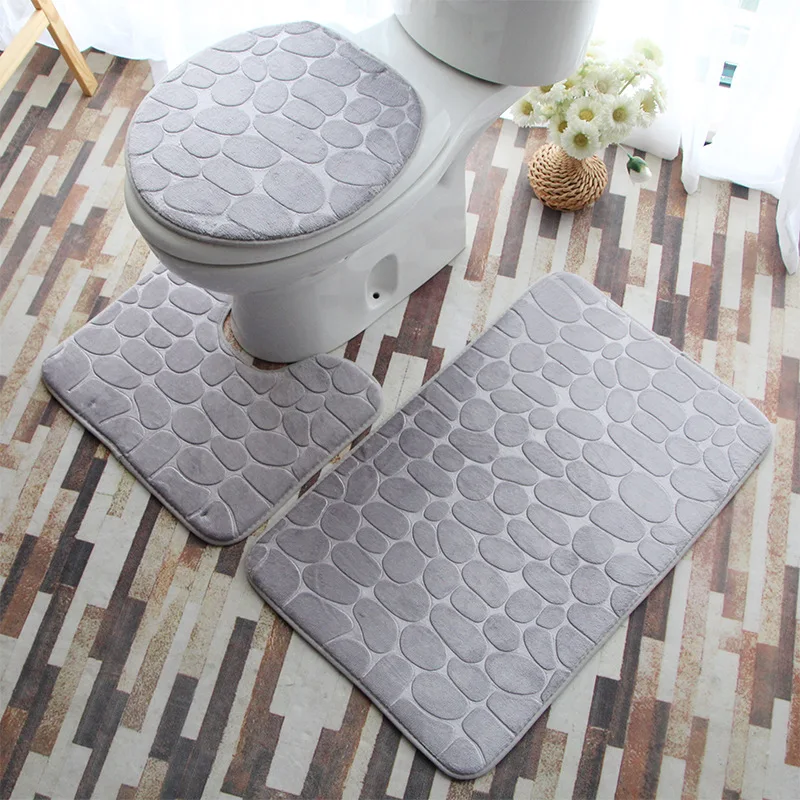 3Pcs Bathroom Mats Stone Bath Mat Set Soft Non Slip Cobblestone Mat ...