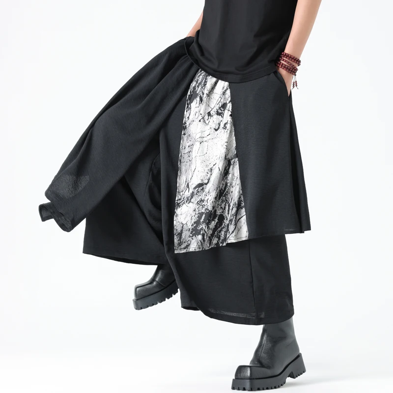 Men Hanfu Pants Korean Style Trousers Men Pantalons Design Casual Streetwear Male Fake Two-Piece Wide Leg Long Pants Man Skirt Pants