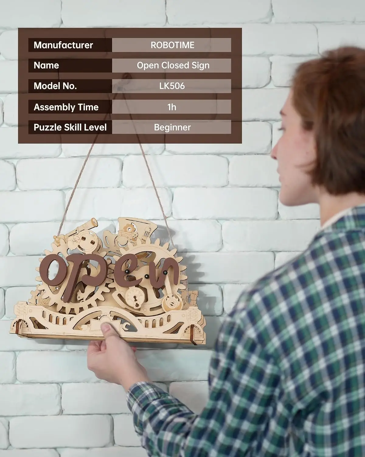 Kit Modello 3D in Legno Robotime, Insegna Aperta/Chiusa Meccanica, Puzzle in Legno, Regalo Creativo per Aziende e Negozi, per Adulti - immagine 5