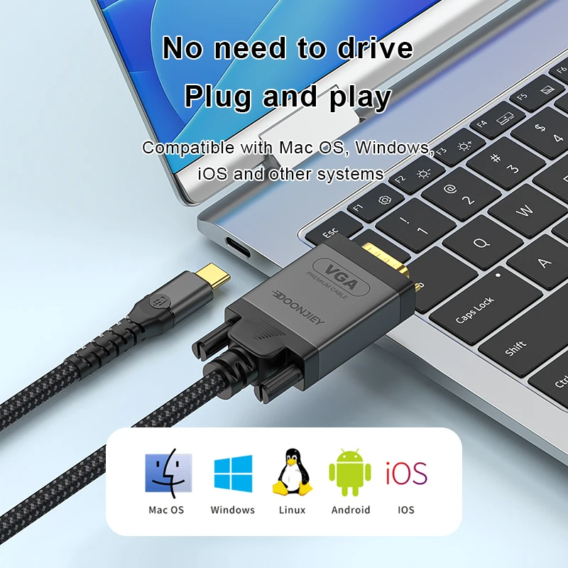 2m USB C To VGA Cable HD1080P Type C Male to VGA Male Converter Adapter Gold-Plated Nylon Braid For iPhone Xiaomi Laptop Monitor usb cable vga cable adapter vga cable usb video converter