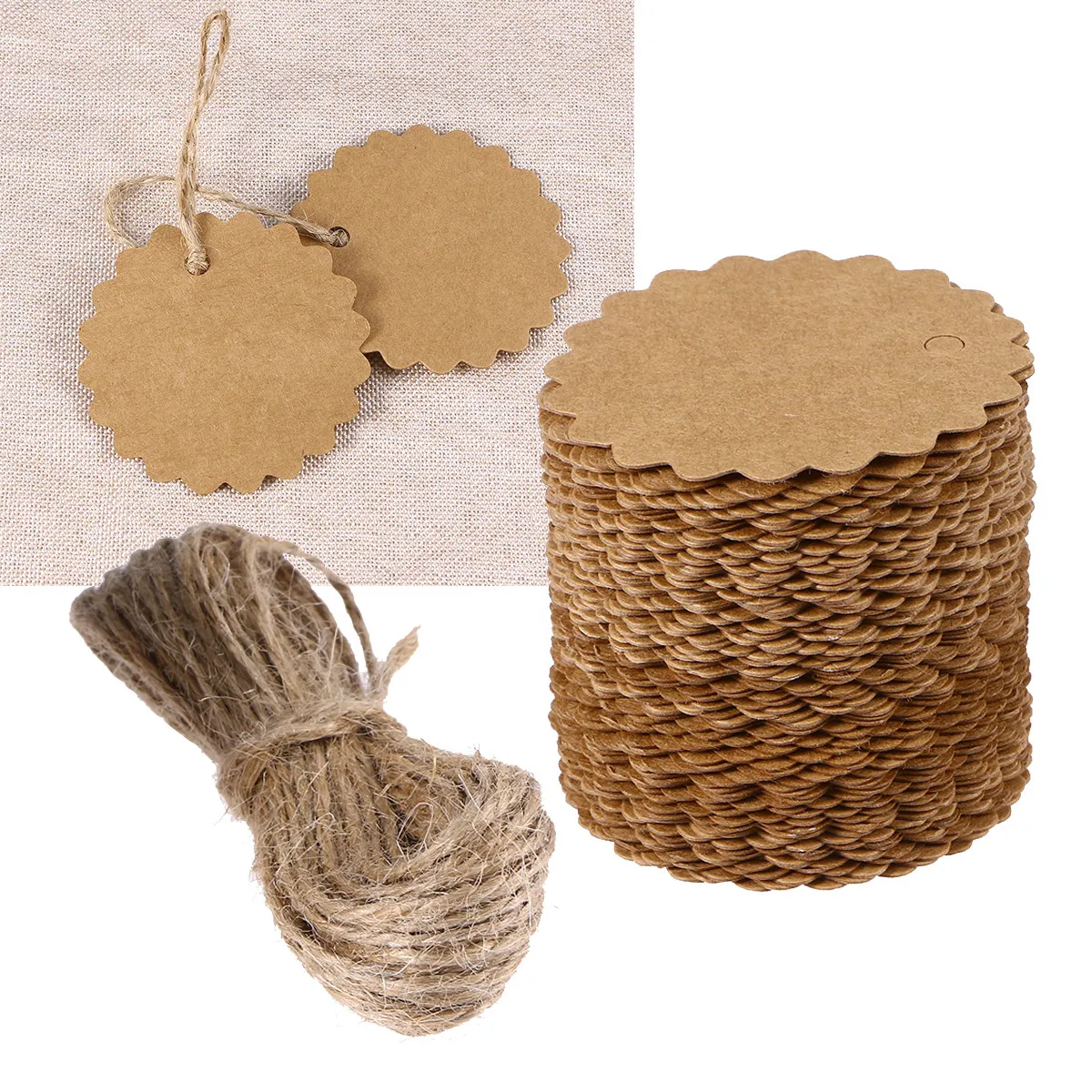100Pcs 60Mm 라운드 스캘럽 크래프트 종이 태그 브라운 빈 공예 카드 DIY 웨딩 호의 파티 선물 수하물 가격 라벨 베이킹