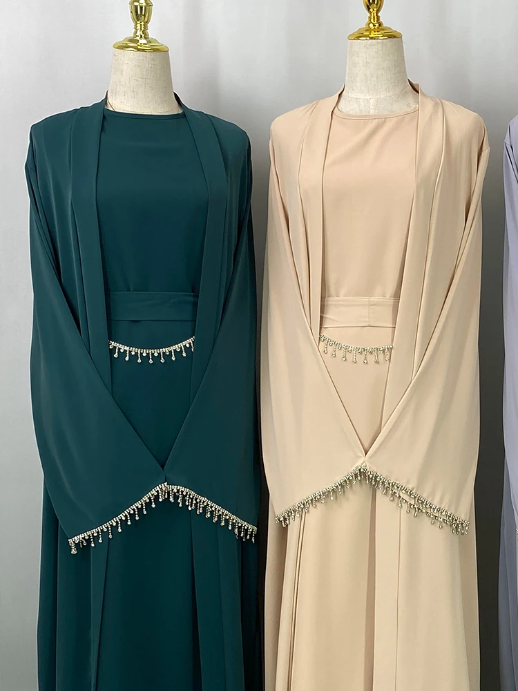 Ramadan Muslim Abaya Nida Black Dress With Crystal chain Elegant Islamic Sets Dubai Long Woman Evening dresses Moroccan Caftan - Image 3