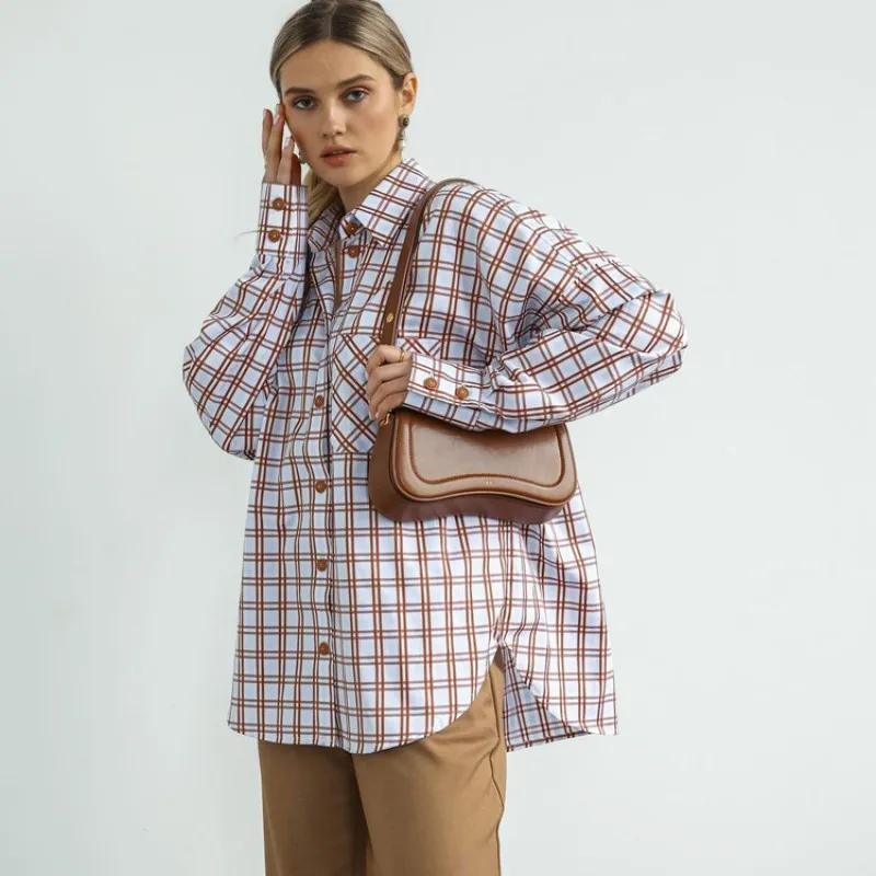 

KAAAZI Long Sleeve Plaid Print Shirt Casual Vintage Turn-down Collar Loose Women Autumn Blouse Basics 2023 New Female Top