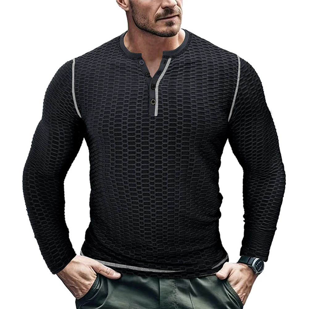 

Новинка, Мужские приталенные дышащие топы Henley Grandad с длинными рукавами, блузка на пуговицах, одежда для занятий мышцами, футболки для фитнеса, Мужская футболка
