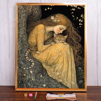 🐈‍⬛ Girl & Cat Cross-Stitch Embroidery Kit – Handmade Sewing Art for Heart & Home 1