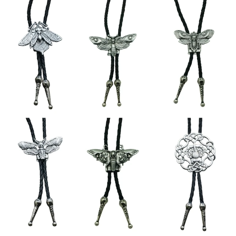 

Mens Women American Bolo Tie Western Cowboy Leather Rope Necktie Metal Skull Head Moths Pendant Gothic Western Necklace