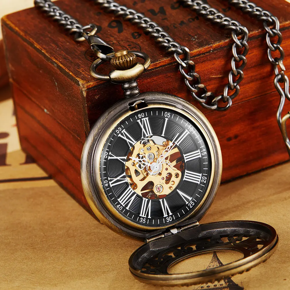 Necklace Watch Vintage Steampunk Mechanical Pocket Watch With Chain Hollow Hand-winding Pendant Clock Men Women Gold Bronze Gift
