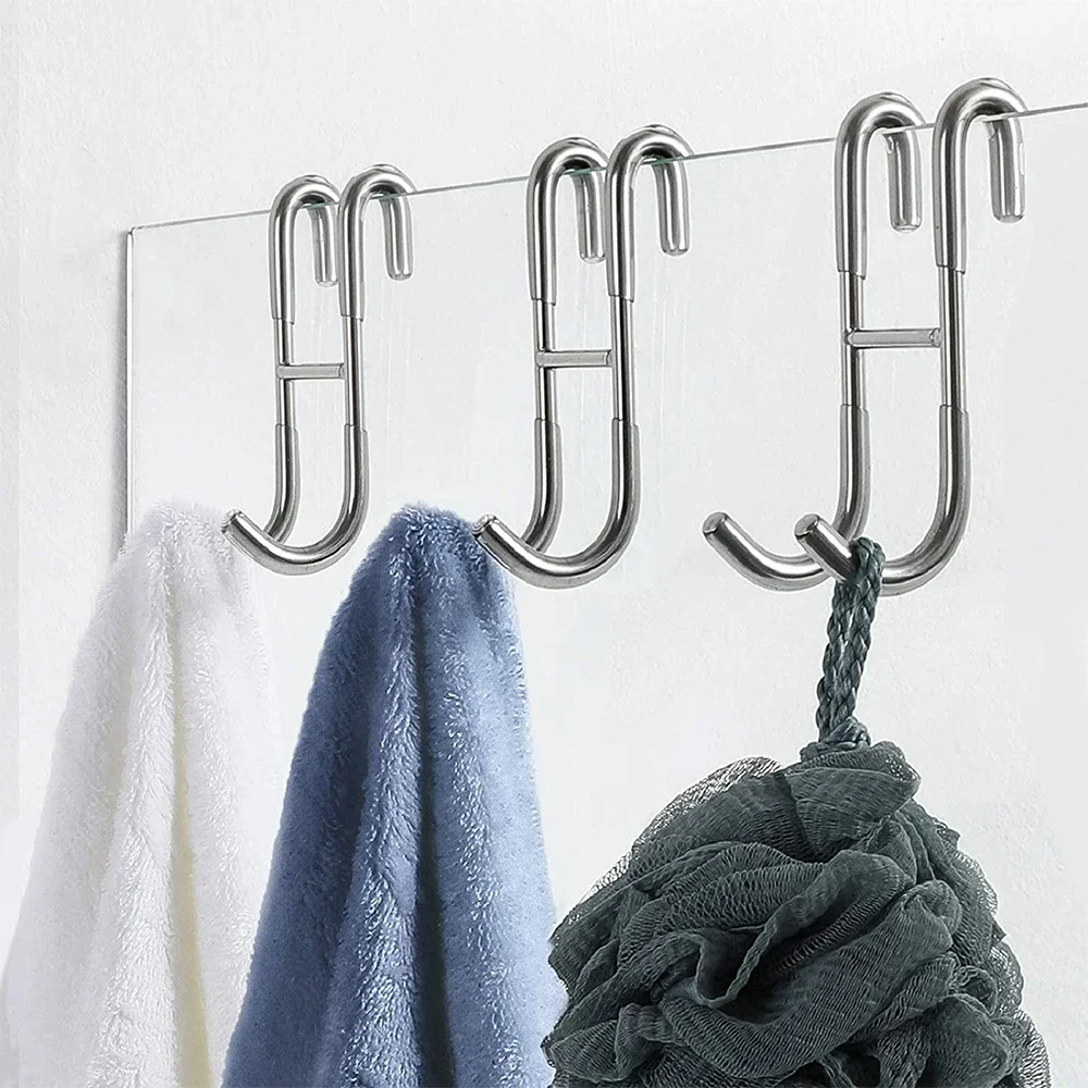 1/2 Pcs Shower Hook 304 Stainless Steel Glass Door Shower Hook Towel Rack Hooks Kitchen Bathroom Frameless Drilling-Free Hanger 3