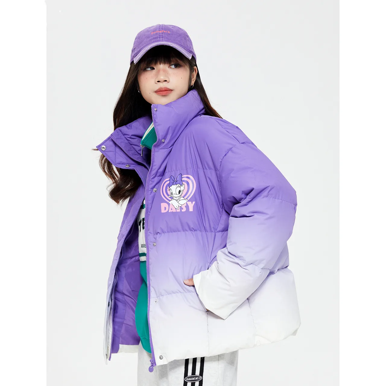 Metersbonwe Women's Cartoon Print Down Jackets Gradient Color Loose Warm Wear Winter Stand Collar Casual Outwear