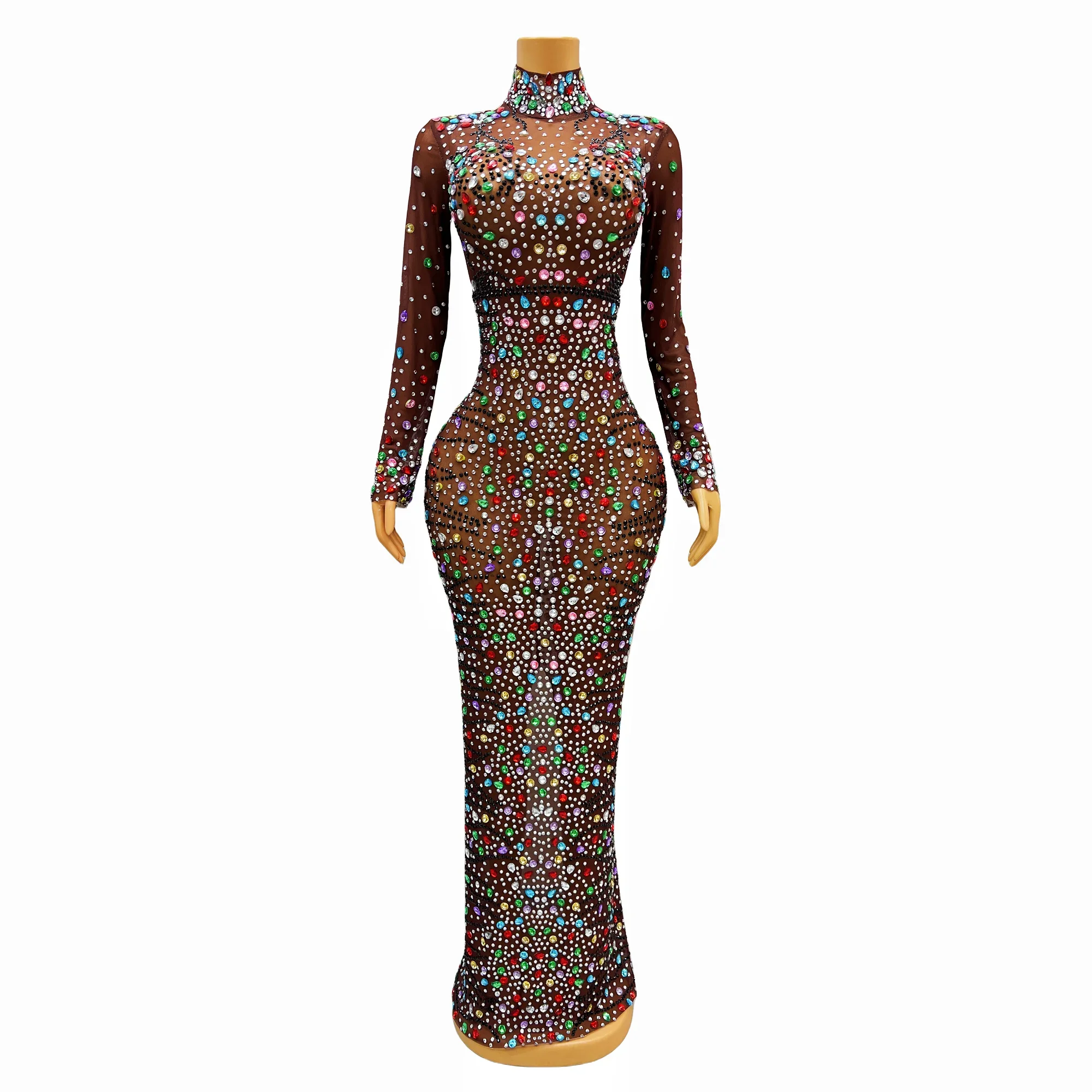 

Sparkly Colorful Rhinestones Sexy Long Sleeves Dress luxurious Evening Brown Mesh Stones Costume Party Celebrate Dresses