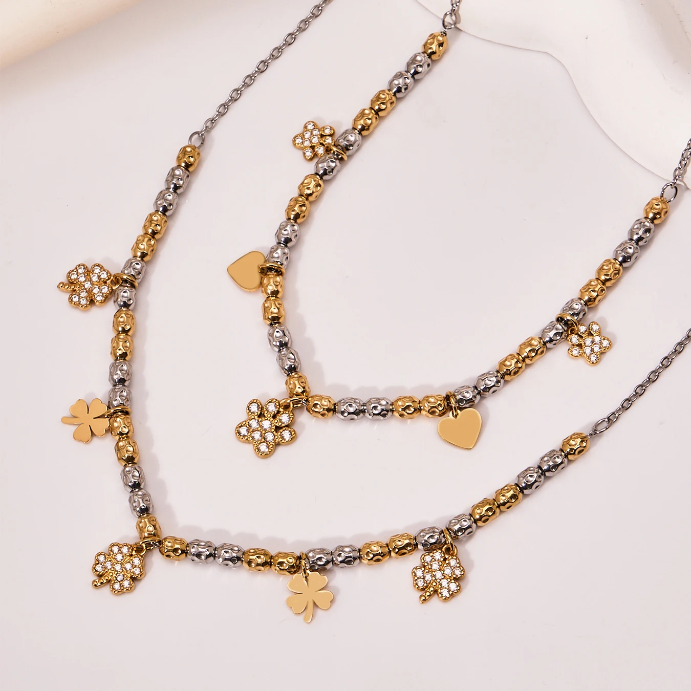 316 Edelstahl Gold Farbe Silber Perlen Kette Anhänger Halskette Damen Glänzende Blume Herz Anhänger Armband Schmuck Set – Detail 15